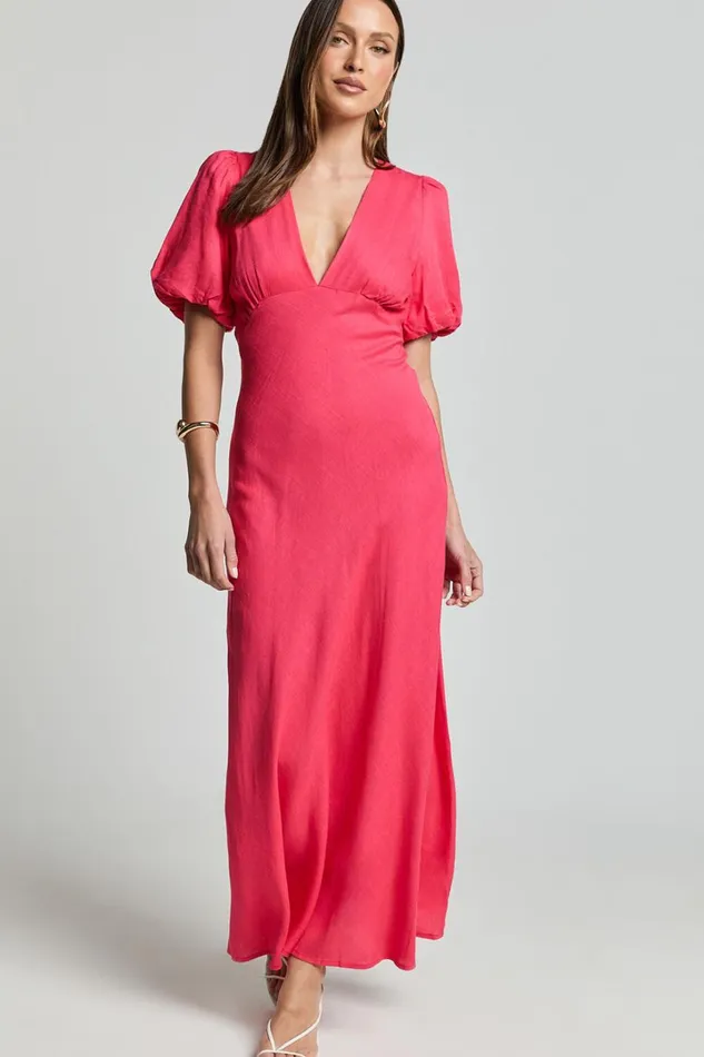 Celeste Midi Dress 8211 Plunge Neck Short Puff Sleeve Linen Blend Dress In Berry Women Showpo Dresses