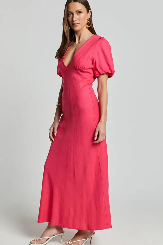 Celeste Midi Dress 8211 Plunge Neck Short Puff Sleeve Linen Blend Dress In Berry Women Showpo Dresses