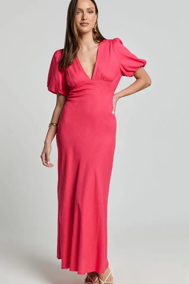 Celeste Midi Dress 8211 Plunge Neck Short Puff Sleeve Linen Blend Dress In Berry Women Showpo Dresses