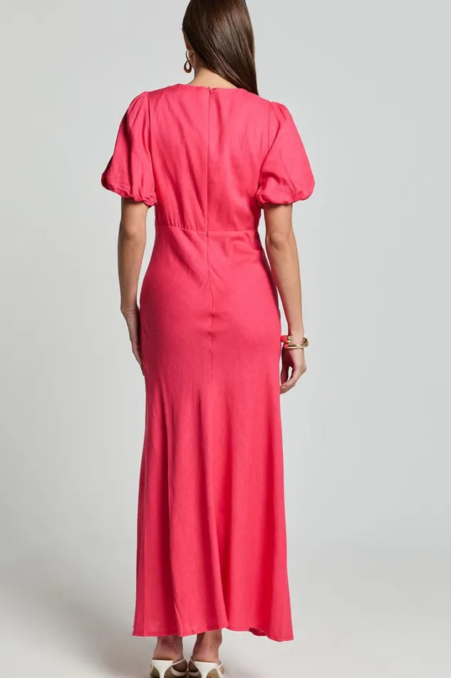 Celeste Midi Dress 8211 Plunge Neck Short Puff Sleeve Linen Blend Dress In Berry Women Showpo Dresses