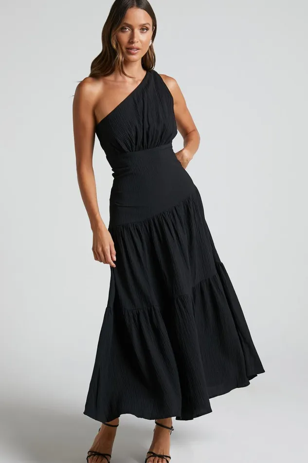 Celestia Midi Dress 8211 Tiered One Shoulder Dress In Black Women Showpo Curve Clothes