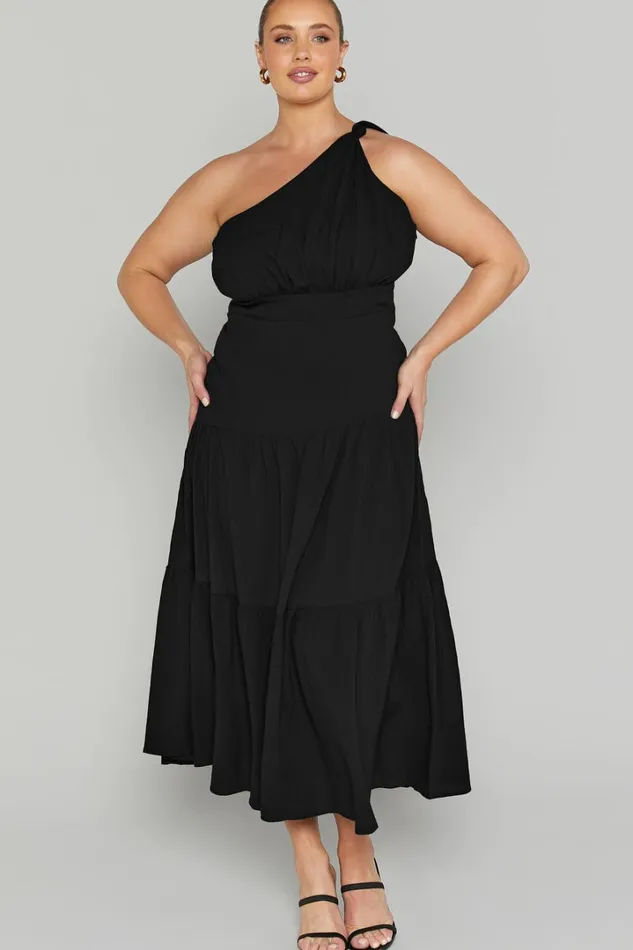 Celestia Midi Dress 8211 Tiered One Shoulder Dress In Black Women Showpo Curve Clothes