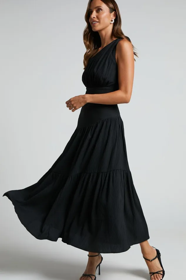 Celestia Midi Dress 8211 Tiered One Shoulder Dress In Black Women Showpo Curve Clothes
