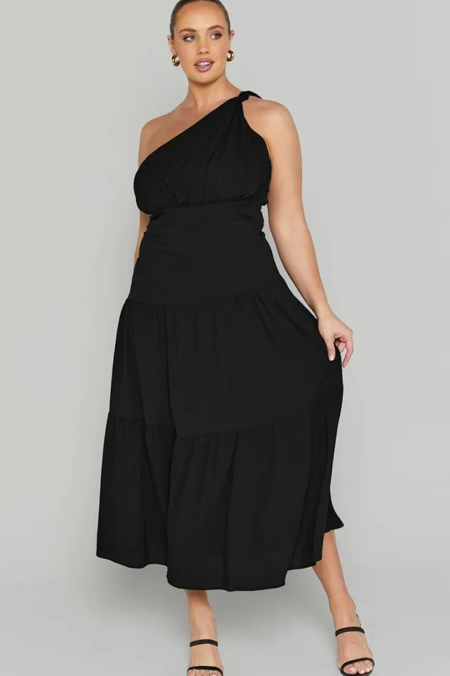 Celestia Midi Dress 8211 Tiered One Shoulder Dress In Black Women Showpo Curve Clothes