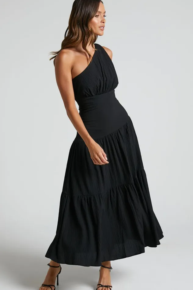 Celestia Midi Dress 8211 Tiered One Shoulder Dress In Black Women Showpo Curve Clothes