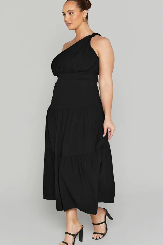 Celestia Midi Dress 8211 Tiered One Shoulder Dress In Black Women Showpo Curve Clothes