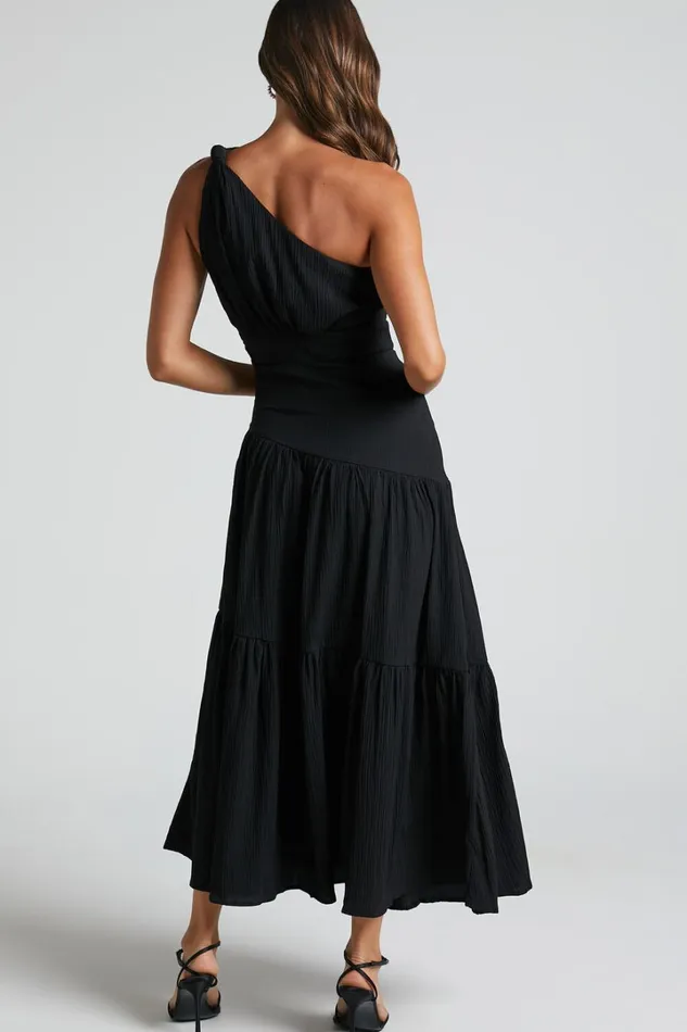 Celestia Midi Dress 8211 Tiered One Shoulder Dress In Black Women Showpo Curve Clothes