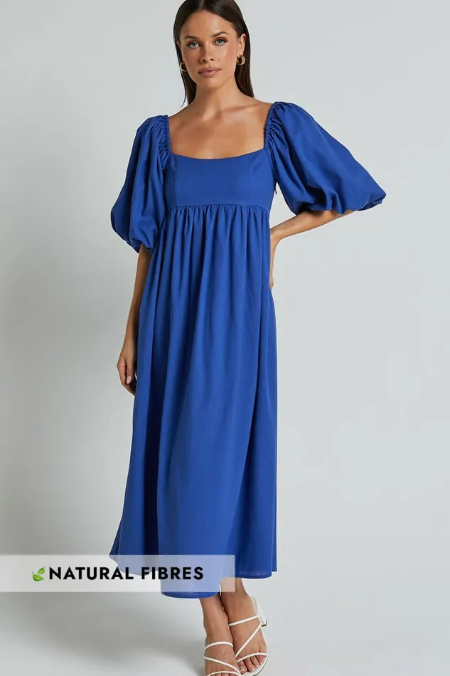 Cenia Midi Dress 8211 Linen Look Straight Neck Shirred Back Puff Sleeve Dress In Bright Blue Women Showpo Curve Clothes Cenia Midi Dress 8211 Linen Look Straight Neck Shirred Back Puff Sleeve Dress In Bright Blue Women Showpo Curve Clothes