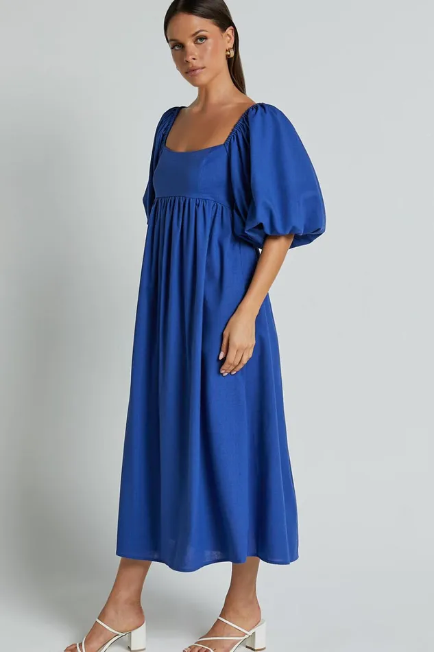 Cenia Midi Dress 8211 Linen Look Straight Neck Shirred Back Puff Sleeve Dress In Bright Blue Women Showpo Curve Clothes