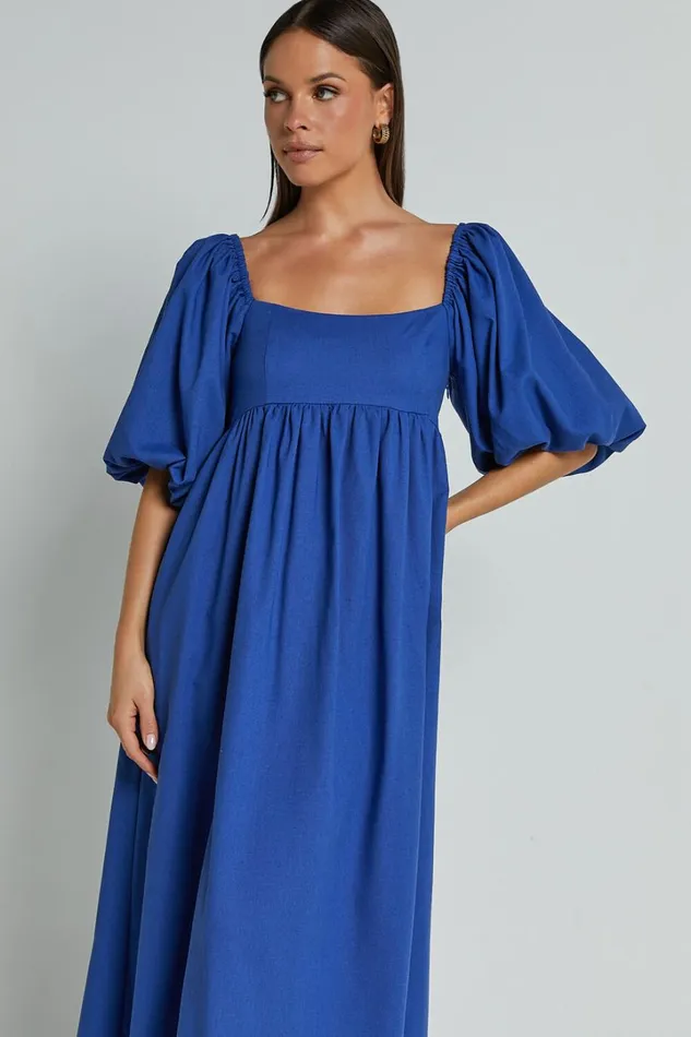 Cenia Midi Dress 8211 Linen Look Straight Neck Shirred Back Puff Sleeve Dress In Bright Blue Women Showpo Curve Clothes