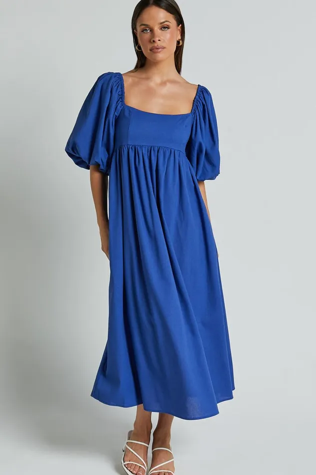 Cenia Midi Dress 8211 Linen Look Straight Neck Shirred Back Puff Sleeve Dress In Bright Blue Women Showpo Curve Clothes