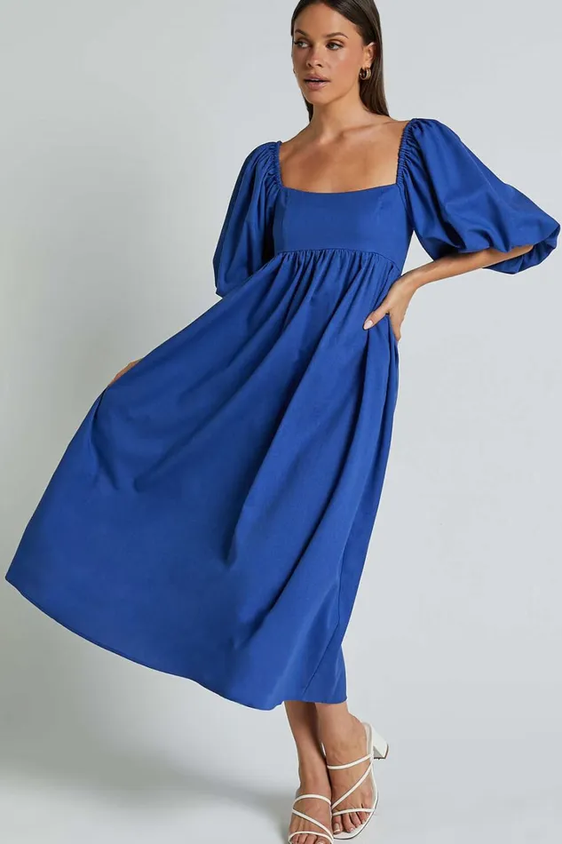 Cenia Midi Dress 8211 Linen Look Straight Neck Shirred Back Puff Sleeve Dress In Bright Blue Women Showpo Curve Clothes