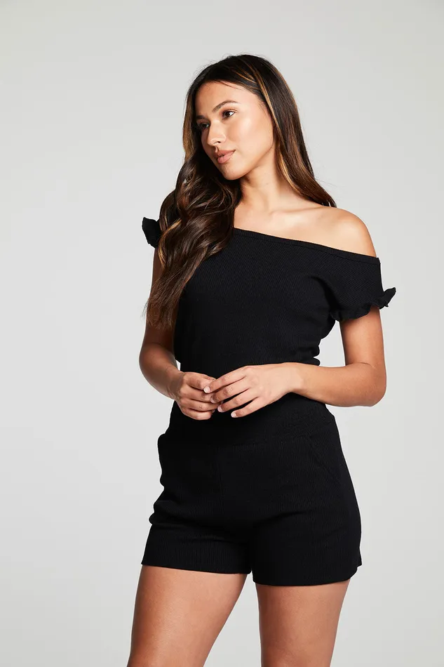 Chaser Brand Bottoms Womens Recycled Cozy Rib Off The Shoulder Ruffle Smocked Shorts Romper