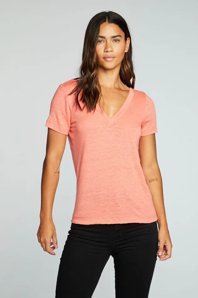 Chaser Brand Tops Womens Linen Jersey Raw Edge Double V Short Sleeve Tee