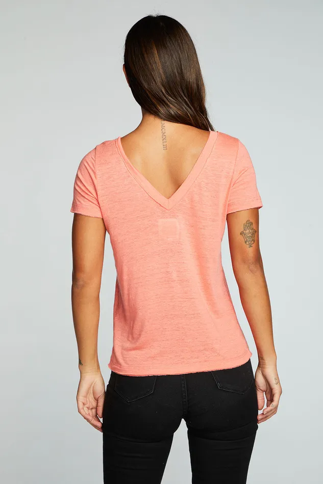 Chaser Brand Tops Womens Linen Jersey Raw Edge Double V Short Sleeve Tee