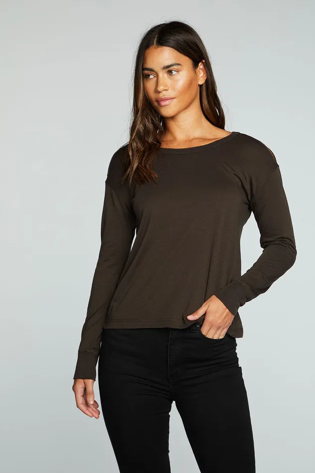 Chaser Brand Tops Womens Recycled Vintage Jersey Vented Long Sleeve Drop Shoulder Crew Neck
