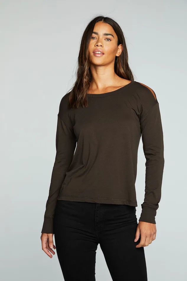 Chaser Brand Tops Womens Recycled Vintage Jersey Vented Long Sleeve Drop Shoulder Crew Neck