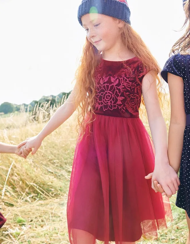 Children Floral Embroidered Velvet Dress Red Monsoon Dresses