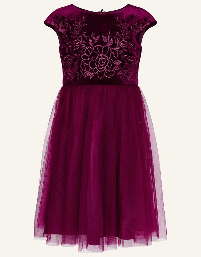 Children Floral Embroidered Velvet Dress Red Monsoon Dresses