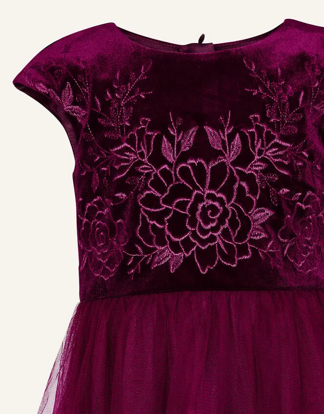 Children Floral Embroidered Velvet Dress Red Monsoon Dresses