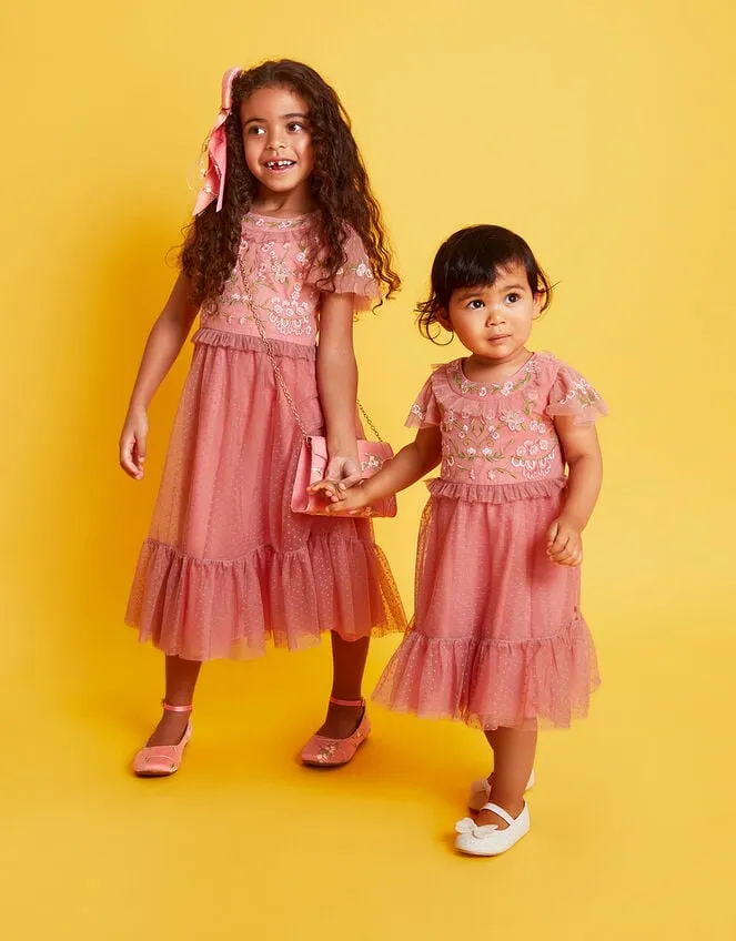 Children Josephine Embroidered Dress Orange Monsoon Partywear