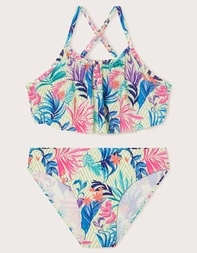 Children Palm Print Frill Bikini Set Ivory Monsoon Beachwear and Swimwear