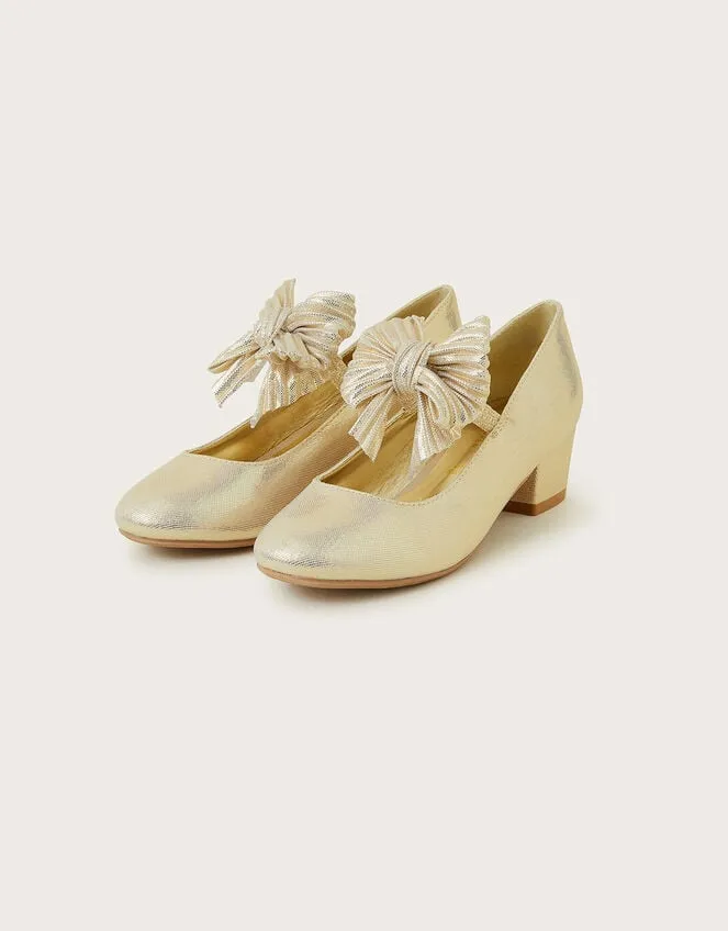 Children Pleated Bow Heeled Shoes Gold Monsoon Partywear