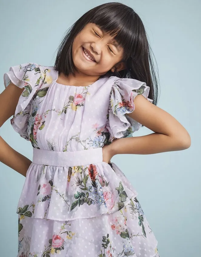 Children Violetta Floral Tiered Dress Purple Monsoon Dresses