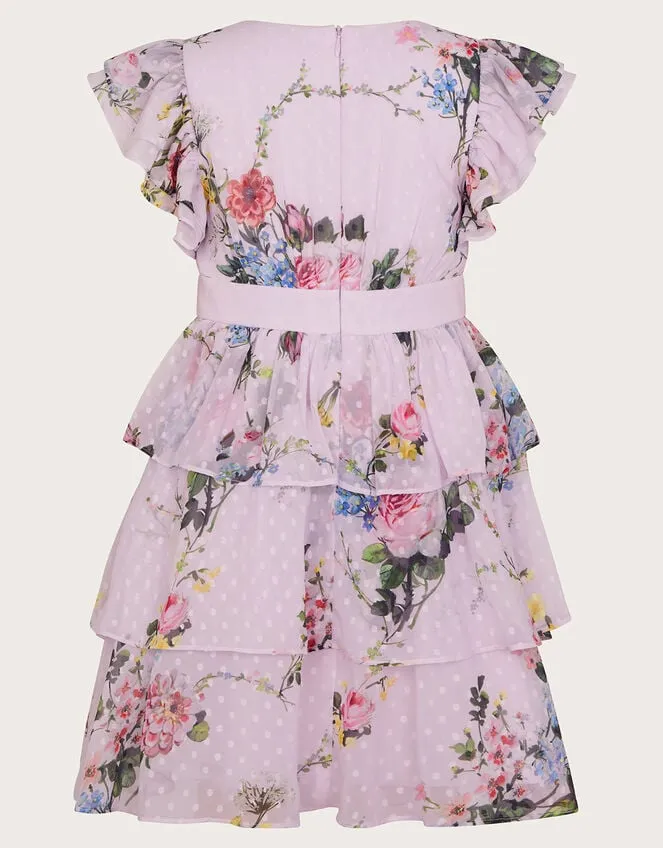 Children Violetta Floral Tiered Dress Purple Monsoon Dresses