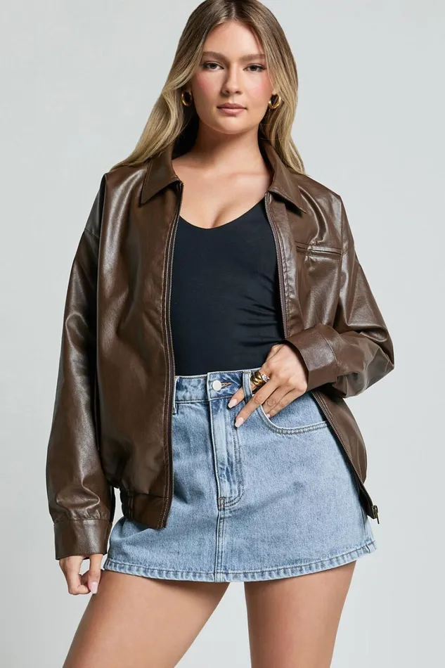 Chloe Jacket 8211 Faux Leather Bomber Jacket In Brown Women Showpo Jackets and Coats