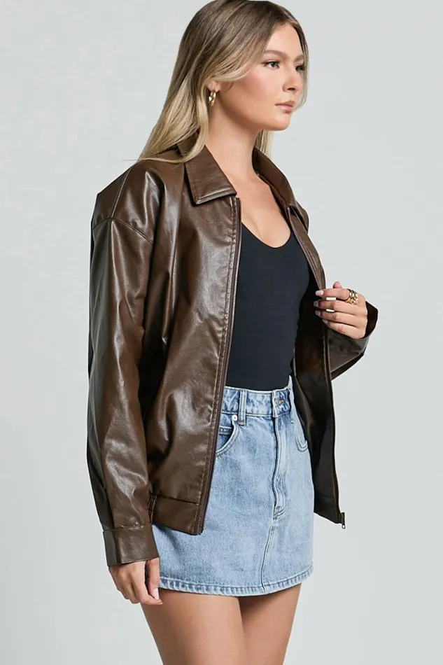 Chloe Jacket 8211 Faux Leather Bomber Jacket In Brown Women Showpo Jackets and Coats