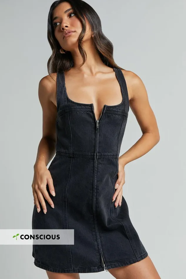 Chrysoula Mini Dress 8211 Square Neck Zip Front Sleeveless Bodycon Denim In Washed Black Women Showpo Denim Chrysoula Mini Dress 8211 Square Neck Zip Front Sleeveless Bodycon Denim In Washed Black Women Showpo Denim