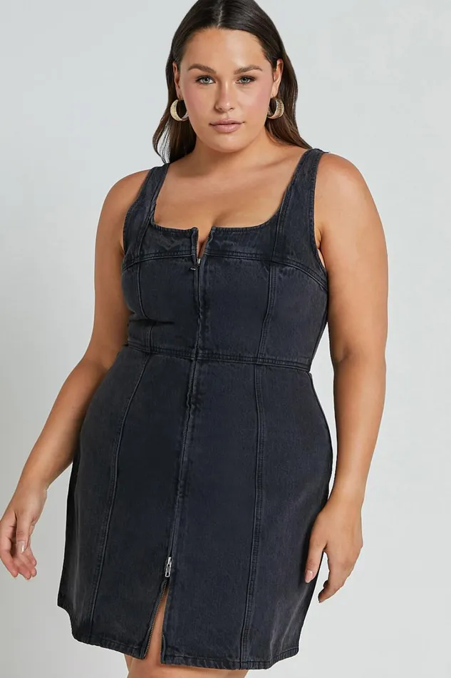 Chrysoula Mini Dress 8211 Square Neck Zip Front Sleeveless Bodycon Denim In Washed Black Women Showpo Denim