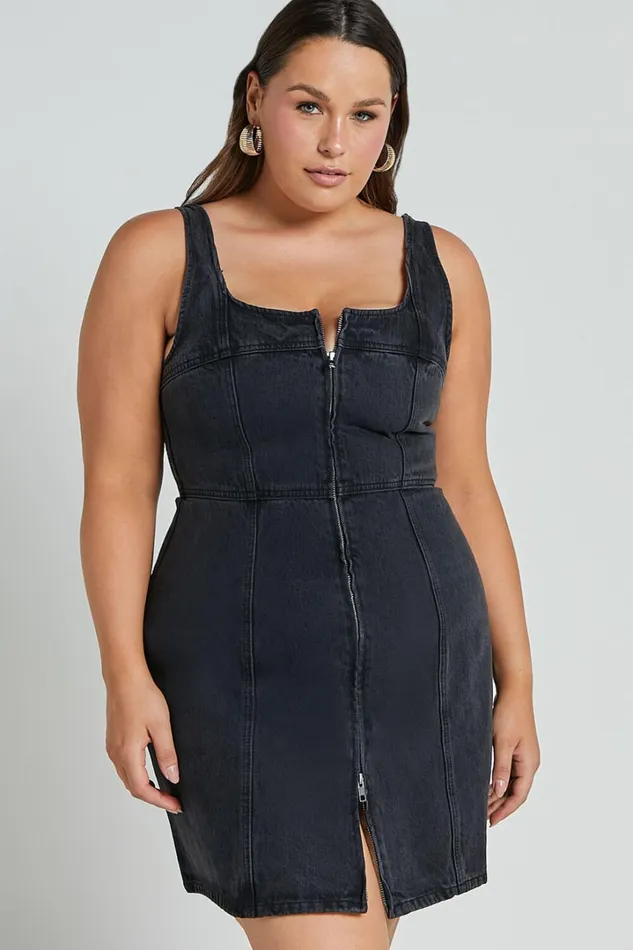 Chrysoula Mini Dress 8211 Square Neck Zip Front Sleeveless Bodycon Denim In Washed Black Women Showpo Denim