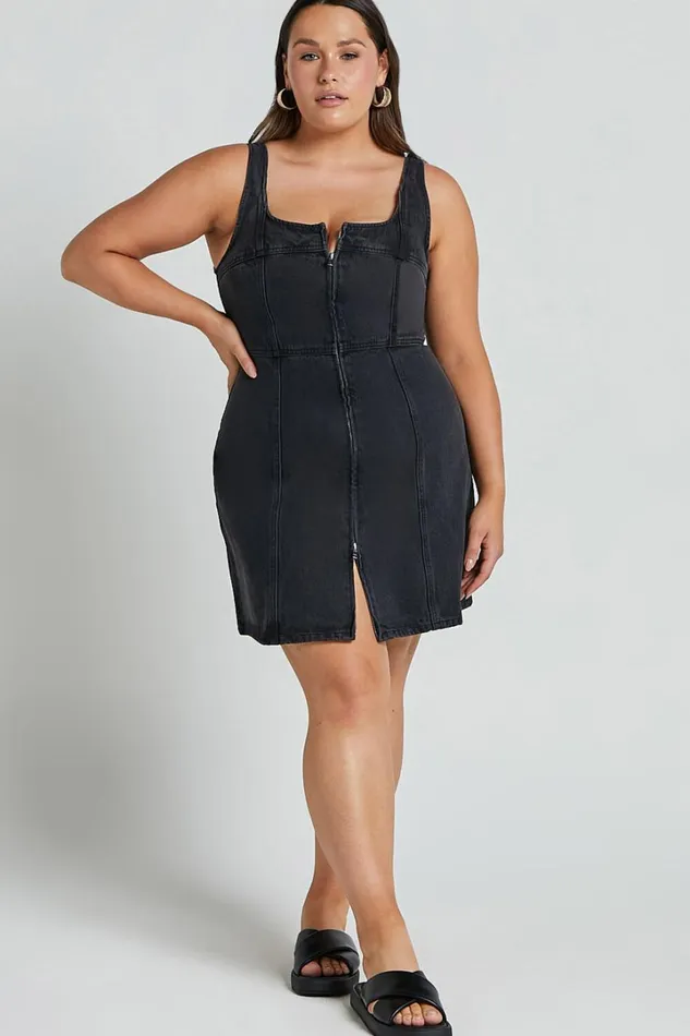 Chrysoula Mini Dress 8211 Square Neck Zip Front Sleeveless Bodycon Denim In Washed Black Women Showpo Denim
