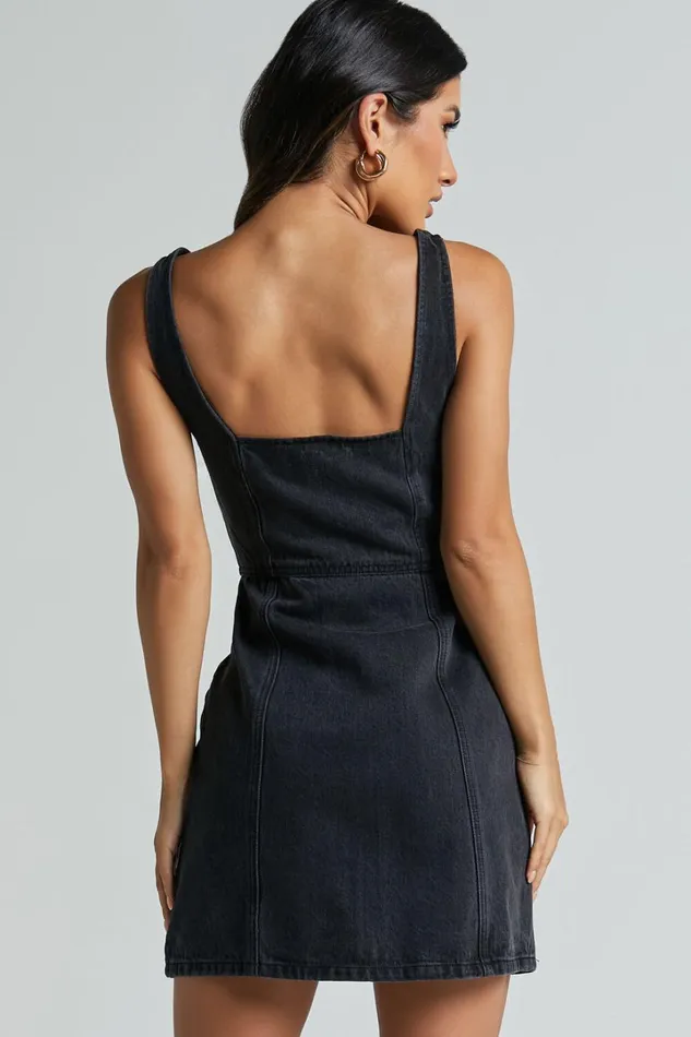 Chrysoula Mini Dress 8211 Square Neck Zip Front Sleeveless Bodycon Denim In Washed Black Women Showpo Denim