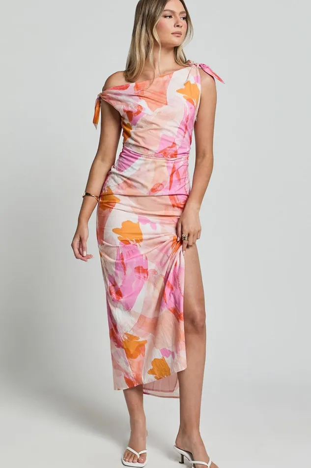Cincinnati Midi Dress 8211 Off The Shoulder Side Split Column Linen Look Dress In Pink Blur Floral Women Showpo Dresses