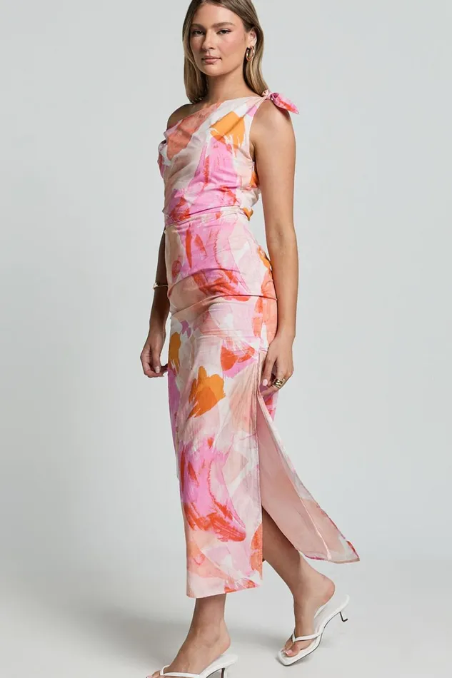 Cincinnati Midi Dress 8211 Off The Shoulder Side Split Column Linen Look Dress In Pink Blur Floral Women Showpo Dresses