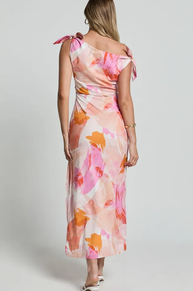Cincinnati Midi Dress 8211 Off The Shoulder Side Split Column Linen Look Dress In Pink Blur Floral Women Showpo Dresses