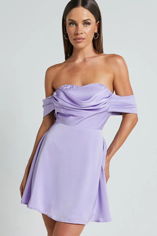Clarinde Mini Dress 8211 Off Shoulder Gathered Bodice In Lilac Women Showpo Dresses