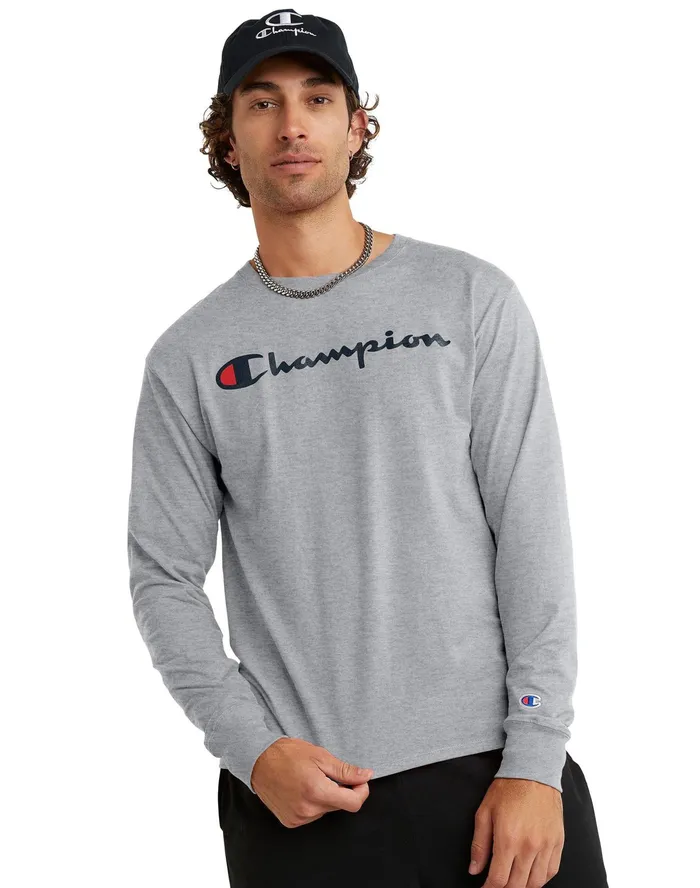 Classic Graphic LongSleeve TShirt Screenprint Script Logo Oxford Grey Men Champion TShirts and Tops Classic Graphic LongSleeve TShirt Screenprint Script Logo Oxford Grey Men Champion TShirts and Tops