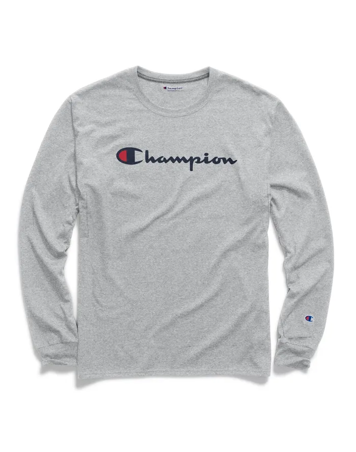 Classic Graphic LongSleeve TShirt Screenprint Script Logo Oxford Grey Men Champion TShirts and Tops