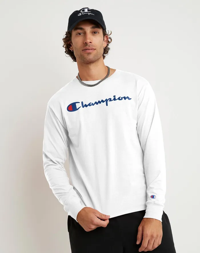 Classic Graphic LongSleeve TShirt Screenprint Script Logo White Men Champion TShirts and Tops Classic Graphic LongSleeve TShirt Screenprint Script Logo White Men Champion TShirts and Tops