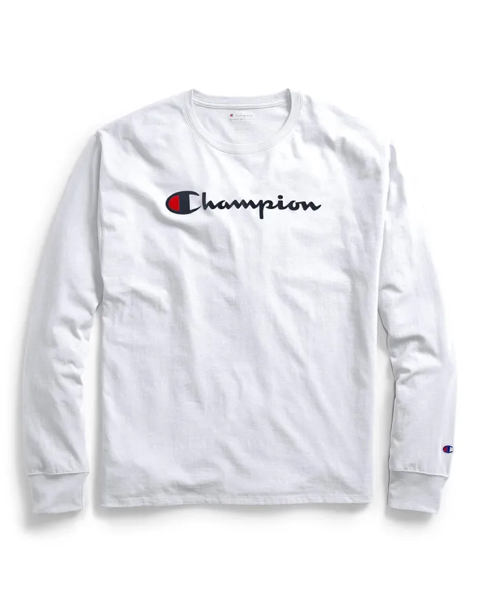 Classic Graphic LongSleeve TShirt Screenprint Script Logo White Men Champion TShirts and Tops