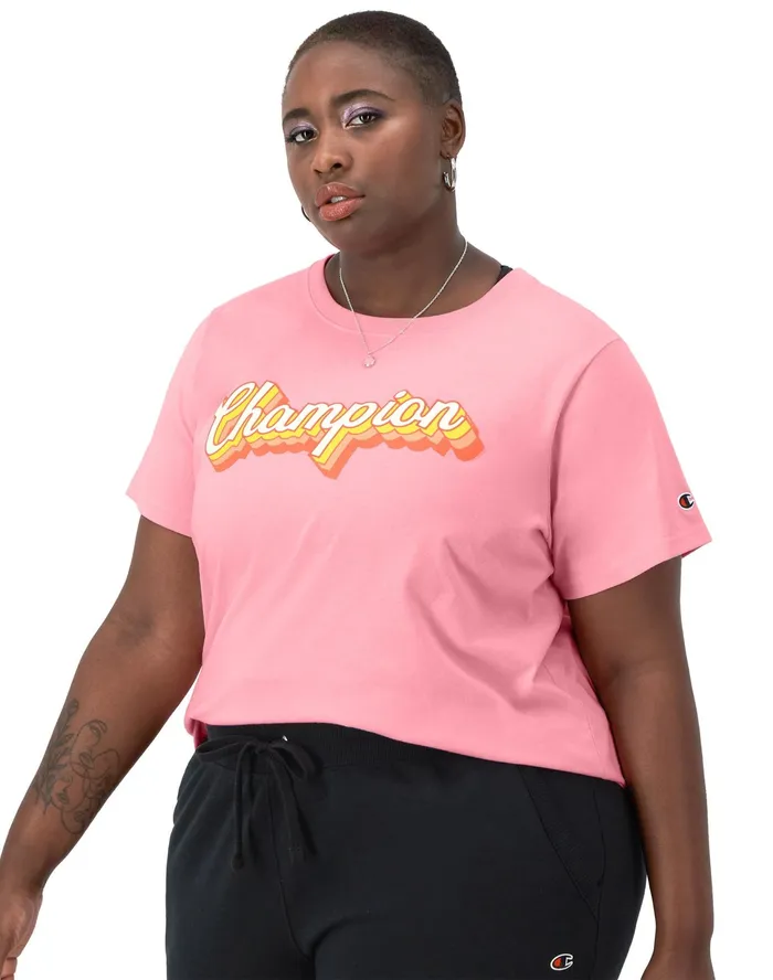 Classic TShirt Shadow Script Logo Plus Size Marzipan Pink Women Champion TShirts and Tops