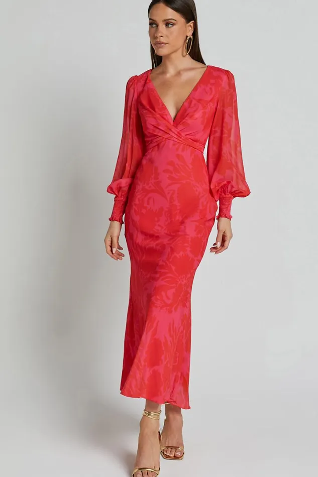 Claude Midi Dress 8211 Deep V Neck Long Sleeve Slip Dress In Print Women Showpo Dresses