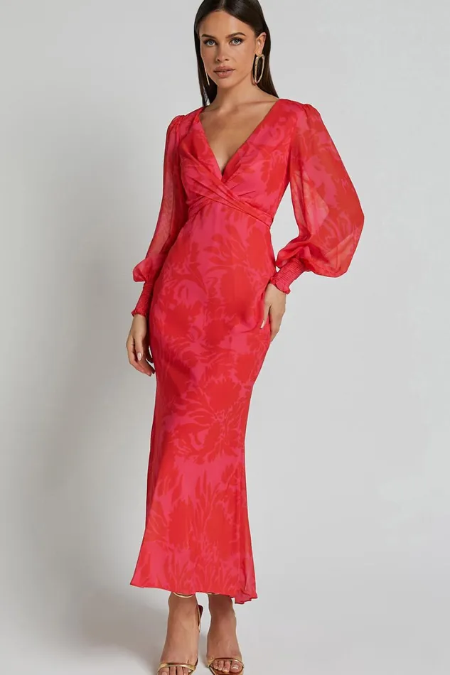 Claude Midi Dress 8211 Deep V Neck Long Sleeve Slip Dress In Print Women Showpo Dresses