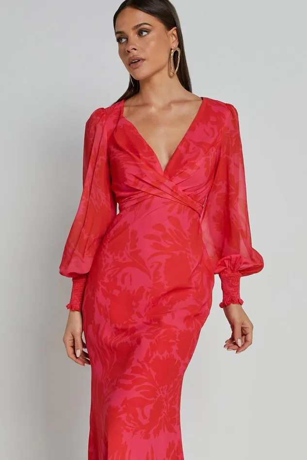 Claude Midi Dress 8211 Deep V Neck Long Sleeve Slip Dress In Print Women Showpo Dresses