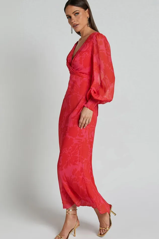 Claude Midi Dress 8211 Deep V Neck Long Sleeve Slip Dress In Print Women Showpo Dresses