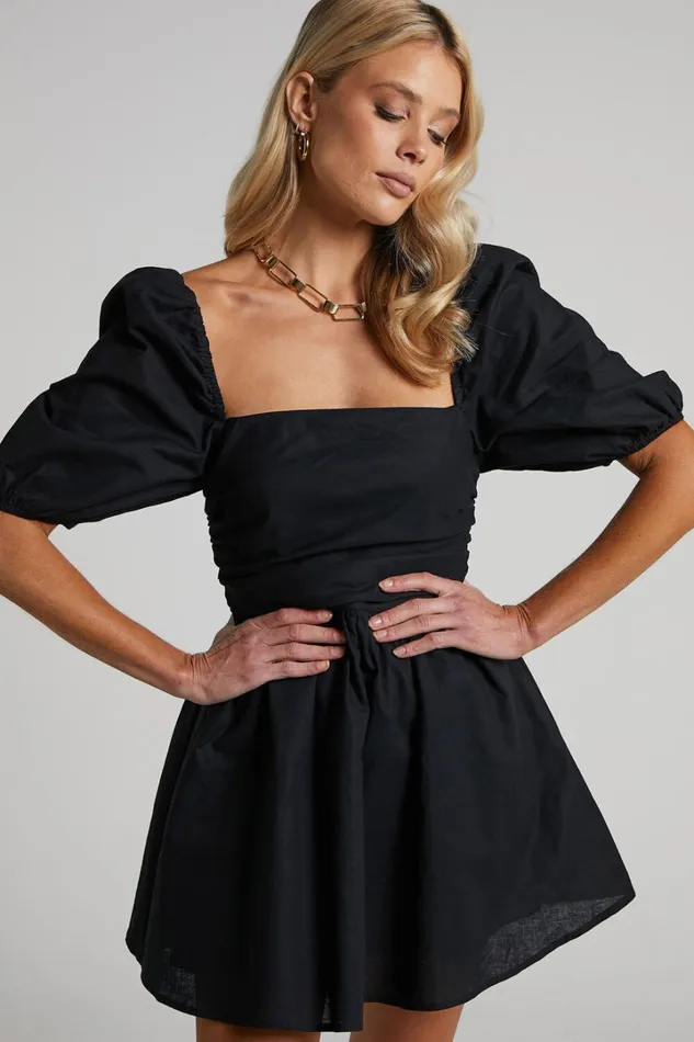 Claudina Mini Dress 8211 Linen Look Puff Sleeve Ruched Bodice Dress In Black Women Showpo Curve Clothes Claudina Mini Dress 8211 Linen Look Puff Sleeve Ruched Bodice Dress In Black Women Showpo Curve Clothes